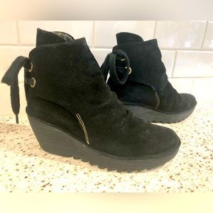 FLY LONDON Yuma Black suede wedge booties with lace up at back of ankle